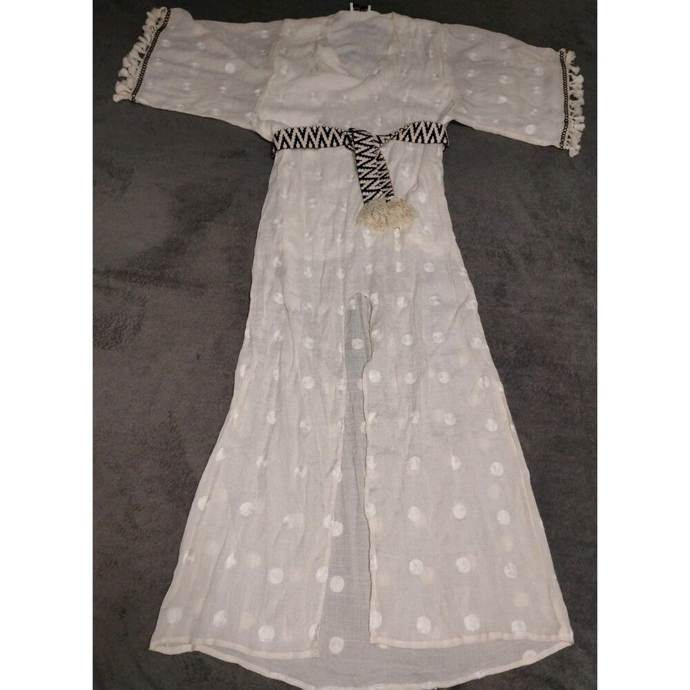 Harper New York Maxi Dress Womens M Cream Polkadot Fringe Sheer Boho Chic Beachy